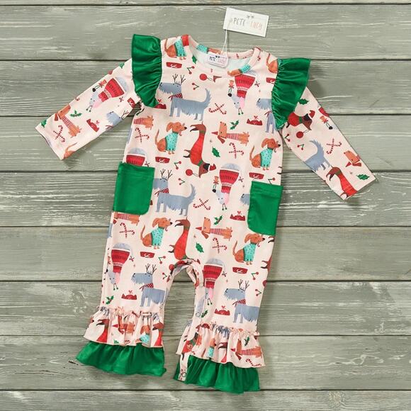We Woof You a Merry Christmas Ruffle Romper PETE + LUCY Winter Holiday 6-9 NEW - Picture 1 of 7